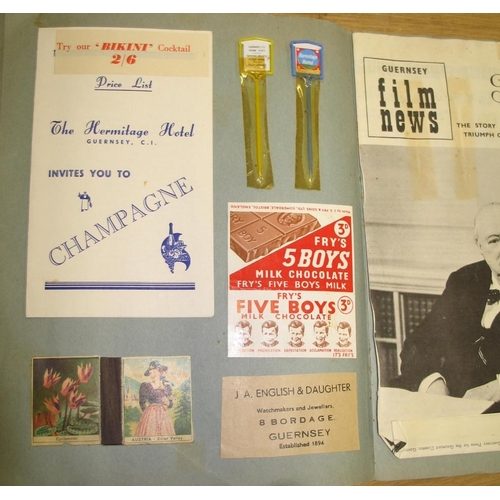 292 - GUERNSEY, a scrapbook of diverse souvenir material, jeweller's receipts etc., 1960's.