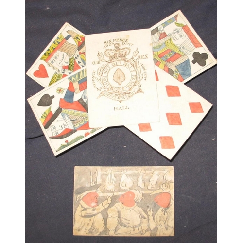 62 - A trompe l'oeil watercolour of playing cards in the manner of Thomas Rowlandson, u/f., & a single ex... 