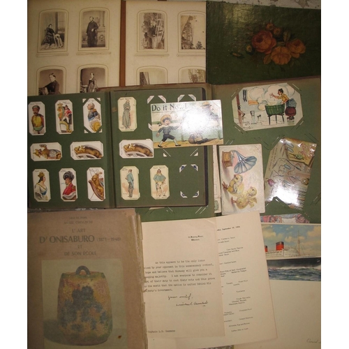 66 - POSTCARDS, CIGARETTE CARDS, 2 x Cunard Line menus, CARTE-DE-VISITE portrait photo album etc. (Q).