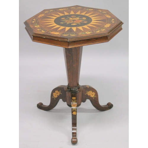 1002 - A GOOD 19TH CENTURY IRISH TILT TOP ROSEWOOD AND MARQUETRY OCTAGONAL TOP TRIPOD TABLE with star and f... 