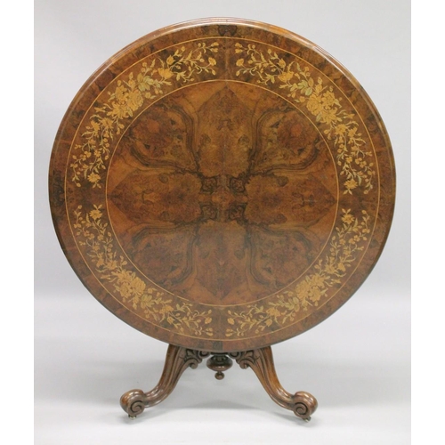 1004 - A GOOD VICTORIAN FIGURED WALNUT AND MARQUETRY CIRCULAR LOO DINING TABLE with quartered marquetry top... 