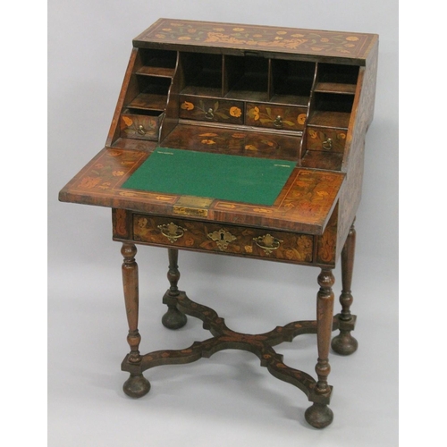 1005 - A GOOD SMALL 18TH CENTURY ENGLISH MARQUETRY BUREAU on a stand with fall front and fitted interior wi... 