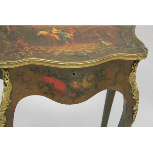 1007 - A 19TH CENTURY LOUIS XVI STYLE BEDSIDE TABLE with painted top on curving legs. 1ft 8ins wide.