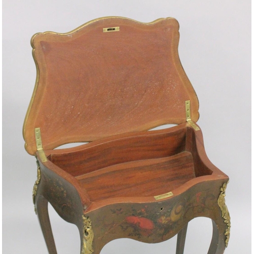 1007 - A 19TH CENTURY LOUIS XVI STYLE BEDSIDE TABLE with painted top on curving legs. 1ft 8ins wide.