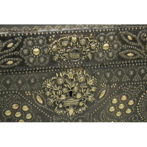 1008 - A GOOD 17TH /18TH CENTURY LEATHER BOUND DOME TOP TRUNK, the hinged top opening to reveal a void inte... 