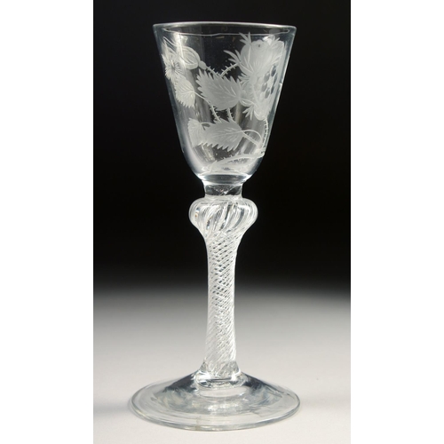 1021 - A GOOD JACOBEAN ROSE GLASS with air twist stem, the bowl engraved with a rose bud and leaves. 5.75in... 