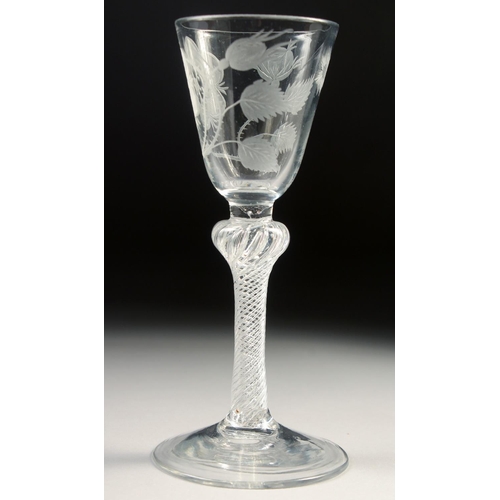 1021 - A GOOD JACOBEAN ROSE GLASS with air twist stem, the bowl engraved with a rose bud and leaves. 5.75in... 