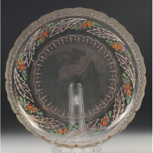 1039 - A BOHEMIAN GLASS HUQQA BASE AND CIRCULAR DISH enamelled with flowers. 10ins high the base 9.75ins di... 