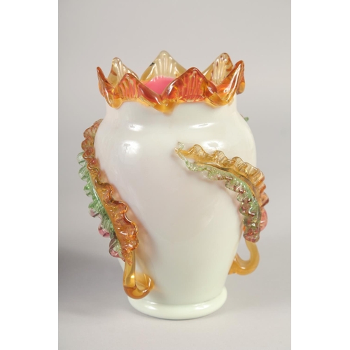 1041 - A SUPERB 19TH CENTURY FRENCH OPALINE SUITE OF FOUR VASES decorated in relief with fruit. 11ins, 9.5i... 