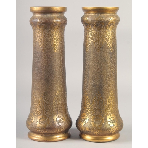 1044 - A SUPERB PAIR OF VAL ST. LAMBERT - GALVANO PLASTIE METAL AND ENAMEL VASES. 13ins.