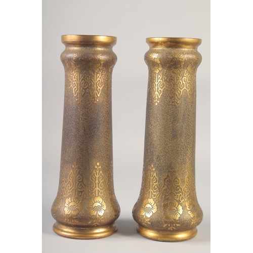 1044 - A SUPERB PAIR OF VAL ST. LAMBERT - GALVANO PLASTIE METAL AND ENAMEL VASES. 13ins.