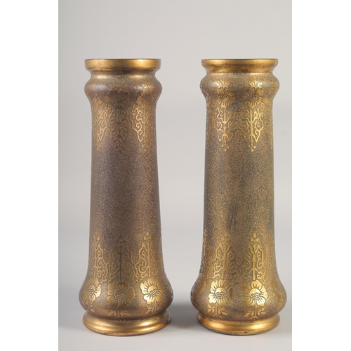 1044 - A SUPERB PAIR OF VAL ST. LAMBERT - GALVANO PLASTIE METAL AND ENAMEL VASES. 13ins.