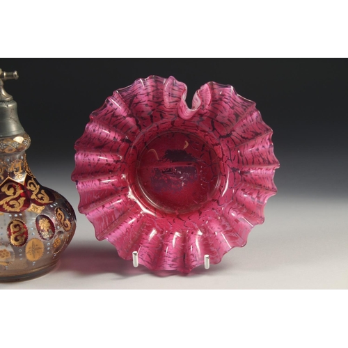 1046 - FOUR SMALL PIECES OF BOHEMIAN GLASS; SCENT BOTTLE, SMALL VASE, OVAL DISH & CIRCULAR DISH. (4).