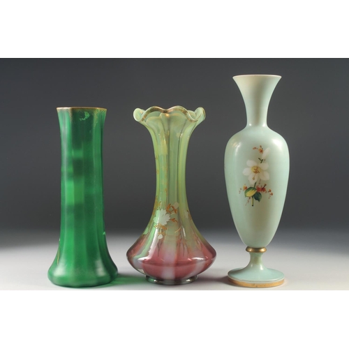 1047 - THREE VARIOUS 20TH CENTURY ART GLASS VASES. 16ins, 12ins & 12ins high. (3).