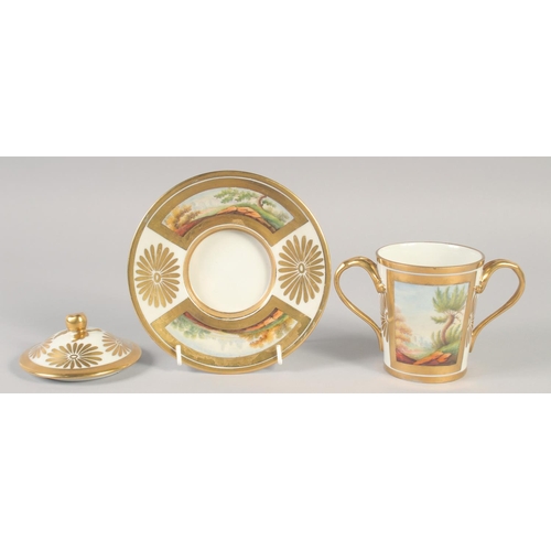 1056 - A 19TH CENTURY PARIS PORCELAIN COVERED CHOCOLATE CUP AND STAND, the saucer and cup each with two lan... 