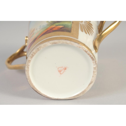 1056 - A 19TH CENTURY PARIS PORCELAIN COVERED CHOCOLATE CUP AND STAND, the saucer and cup each with two lan... 