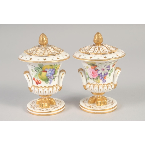 1058 - 19TH CENTURY DERBY PAIR OF POTPOURRI VASES AND COVERS each side painted with either flowers or fruit... 