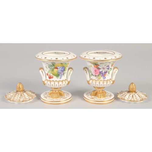 1058 - 19TH CENTURY DERBY PAIR OF POTPOURRI VASES AND COVERS each side painted with either flowers or fruit... 