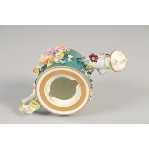 1060 - A 19TH CENTURY DERBY MINIATURE FLORAL ENCRUSTED WATER SPRINKLER with green ground, crown 'D' in red ... 