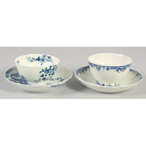 1063 - AN 18TH CENTURY WORCESTER TEA BOWL AND SAUCER painted with Prunus Root and a ribbed tea bowl and sau... 