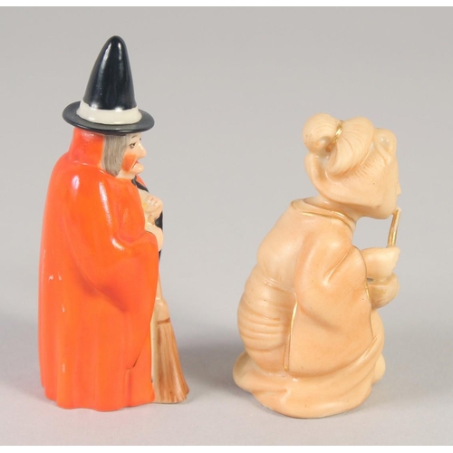 1073 - AN EARLY 20TH CENTURY RARE BLUSH IVORY FIGURE OF THE GEISHA and another of the Witch both pre-1930.