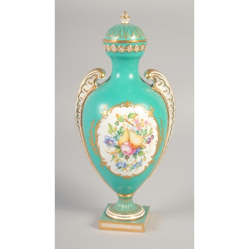 1086 - A 19TH CENTURY COALPORT VASE AND COVER painted with fruit and flowers on a blue green ground by Wm. ... 