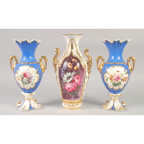 1087 - A 19TH CENTURY ROCKINGHAM PAIR OF VASES with bird head handles painted with flowers in panels on a b... 