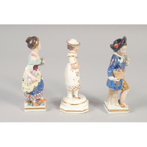 1095 - A 19TH CENTURY STAFFORDSHIRE PORCELAIN FIGURE OF A GIRL wearing a hat. and A PAIR OF CONTINENTAL FIG... 