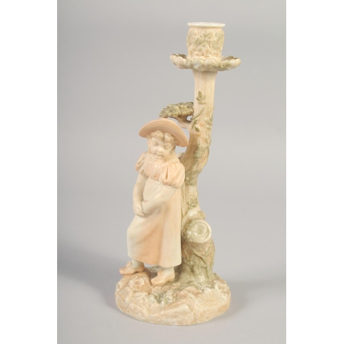 1103 - A LATE 19TH CENTURY ROYAL WORCESTER HADLEY STYLE BLUSH IVORY CANDLESTICK FIGURE OF A GIRL, impressed... 