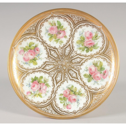 1107 - A 19TH CENTURY WHITE GLASS COMPORT painted with flowers and gilded.