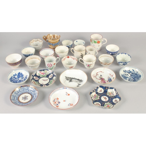 1111 - 18TH AND 19TH CENTURY PORCELAIN, TWO CHELSEA DERBY TEA WARE, TWO WORCESTER COFFEE CUPS, 10 TEA BOWLS... 