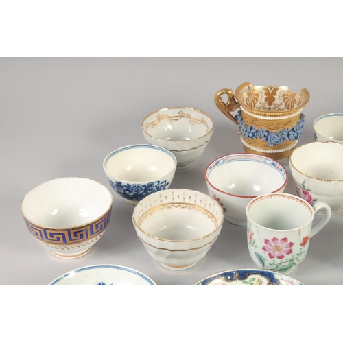 1111 - 18TH AND 19TH CENTURY PORCELAIN, TWO CHELSEA DERBY TEA WARE, TWO WORCESTER COFFEE CUPS, 10 TEA BOWLS... 