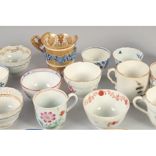 1111 - 18TH AND 19TH CENTURY PORCELAIN, TWO CHELSEA DERBY TEA WARE, TWO WORCESTER COFFEE CUPS, 10 TEA BOWLS... 