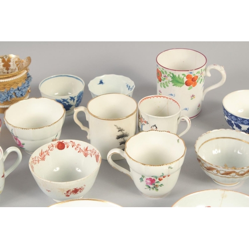 1111 - 18TH AND 19TH CENTURY PORCELAIN, TWO CHELSEA DERBY TEA WARE, TWO WORCESTER COFFEE CUPS, 10 TEA BOWLS... 