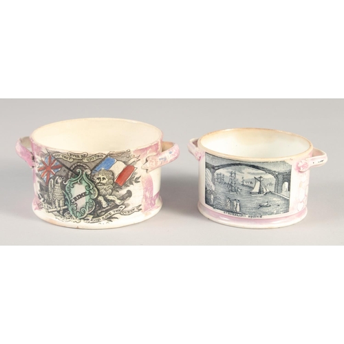 1117 - TWO 19TH CENTURY SUNDERLAND PINK LUSTRE CIRCULAR, TWO HANDLED POTS, 