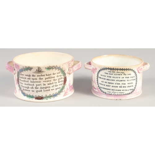 1117 - TWO 19TH CENTURY SUNDERLAND PINK LUSTRE CIRCULAR, TWO HANDLED POTS, 