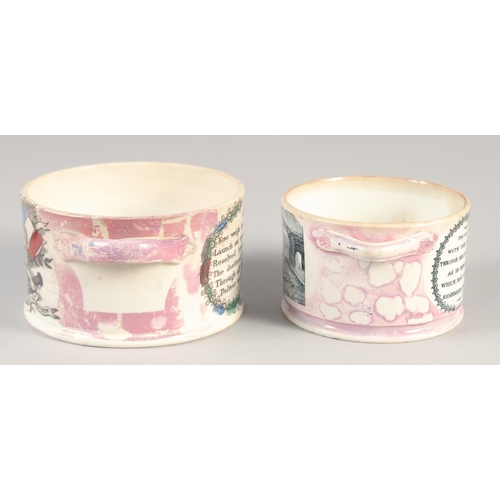 1117 - TWO 19TH CENTURY SUNDERLAND PINK LUSTRE CIRCULAR, TWO HANDLED POTS, 