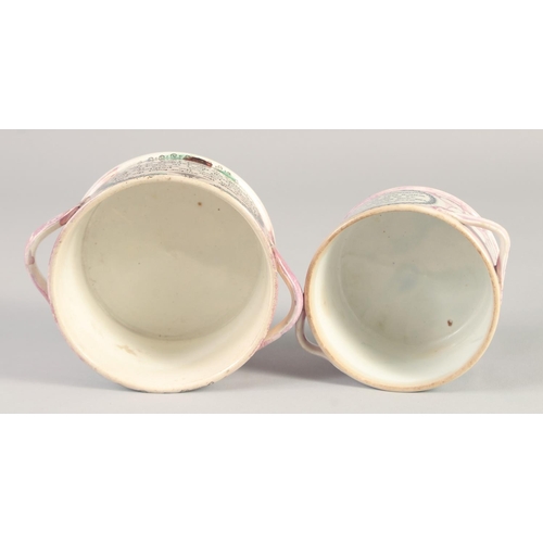 1117 - TWO 19TH CENTURY SUNDERLAND PINK LUSTRE CIRCULAR, TWO HANDLED POTS, 