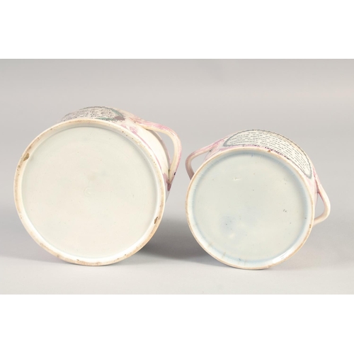 1117 - TWO 19TH CENTURY SUNDERLAND PINK LUSTRE CIRCULAR, TWO HANDLED POTS, 