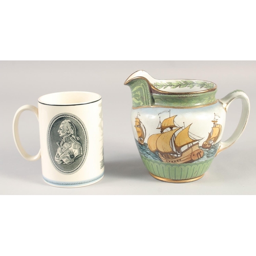 1120 - A WEDGWOOD BATTLE OF TRAFALGAR MUG AND A ROYAL DOULTON SHIP JUG. (2). 4.75ins & 6ins high.