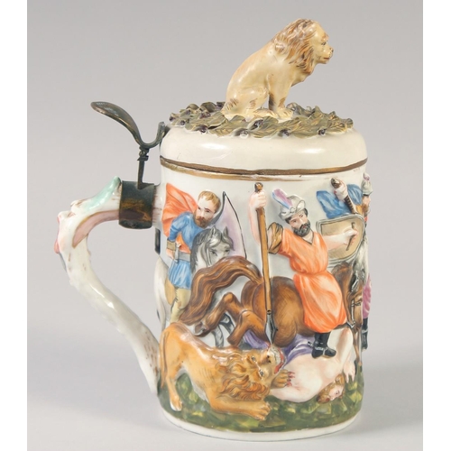 1125 - A CAPODIMONTE PORCELAIN TANKARD AND COVER.