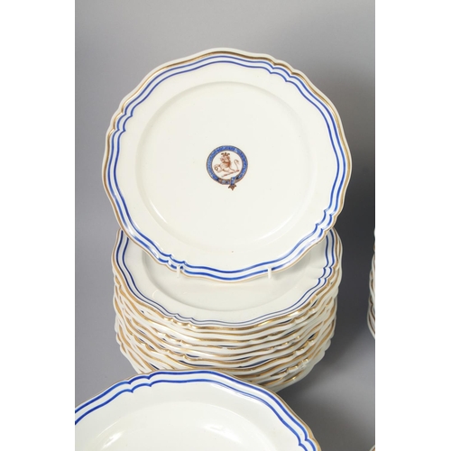 1126 - A GOOD ARMORIAL DANIEL PORCELAIN PART DINNER SERVICE with blue and gilt crest, 