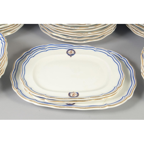 1126 - A GOOD ARMORIAL DANIEL PORCELAIN PART DINNER SERVICE with blue and gilt crest, 