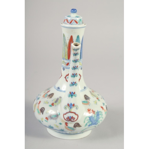 1143 - A CHINESE DOUCAI PORCELAIN LIDDED EWER painted with chickens. 21.5cm high.