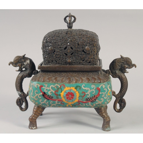 1153 - A CHINESE BRONZE TWIN HANDLED CENSER AND COVER with cloisonne decoration and raised on four elephant... 