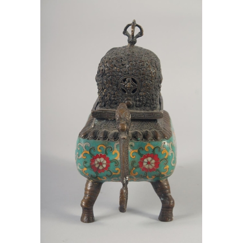 1153 - A CHINESE BRONZE TWIN HANDLED CENSER AND COVER with cloisonne decoration and raised on four elephant... 