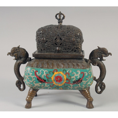 1153 - A CHINESE BRONZE TWIN HANDLED CENSER AND COVER with cloisonne decoration and raised on four elephant... 