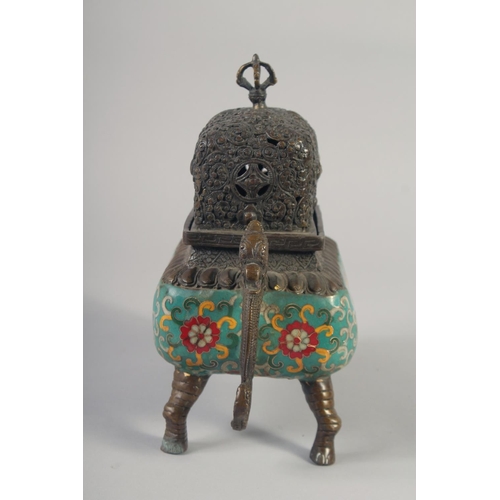 1153 - A CHINESE BRONZE TWIN HANDLED CENSER AND COVER with cloisonne decoration and raised on four elephant... 