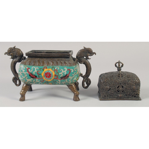 1153 - A CHINESE BRONZE TWIN HANDLED CENSER AND COVER with cloisonne decoration and raised on four elephant... 