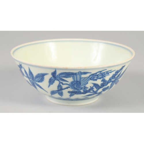 1155 - A CHINESE BLUE AND WHITE PORCELAIN BOWL with floral decoration and birds, six character mark to base... 